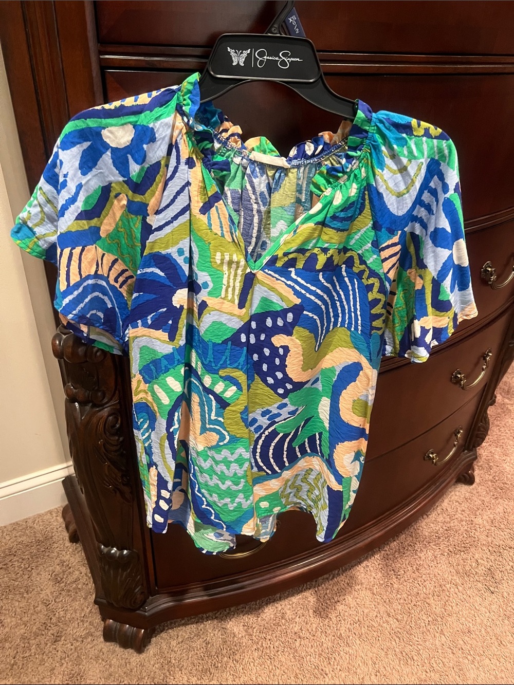 Bright Multicolor Printed Women's Blouse — Blue & Green Pattern